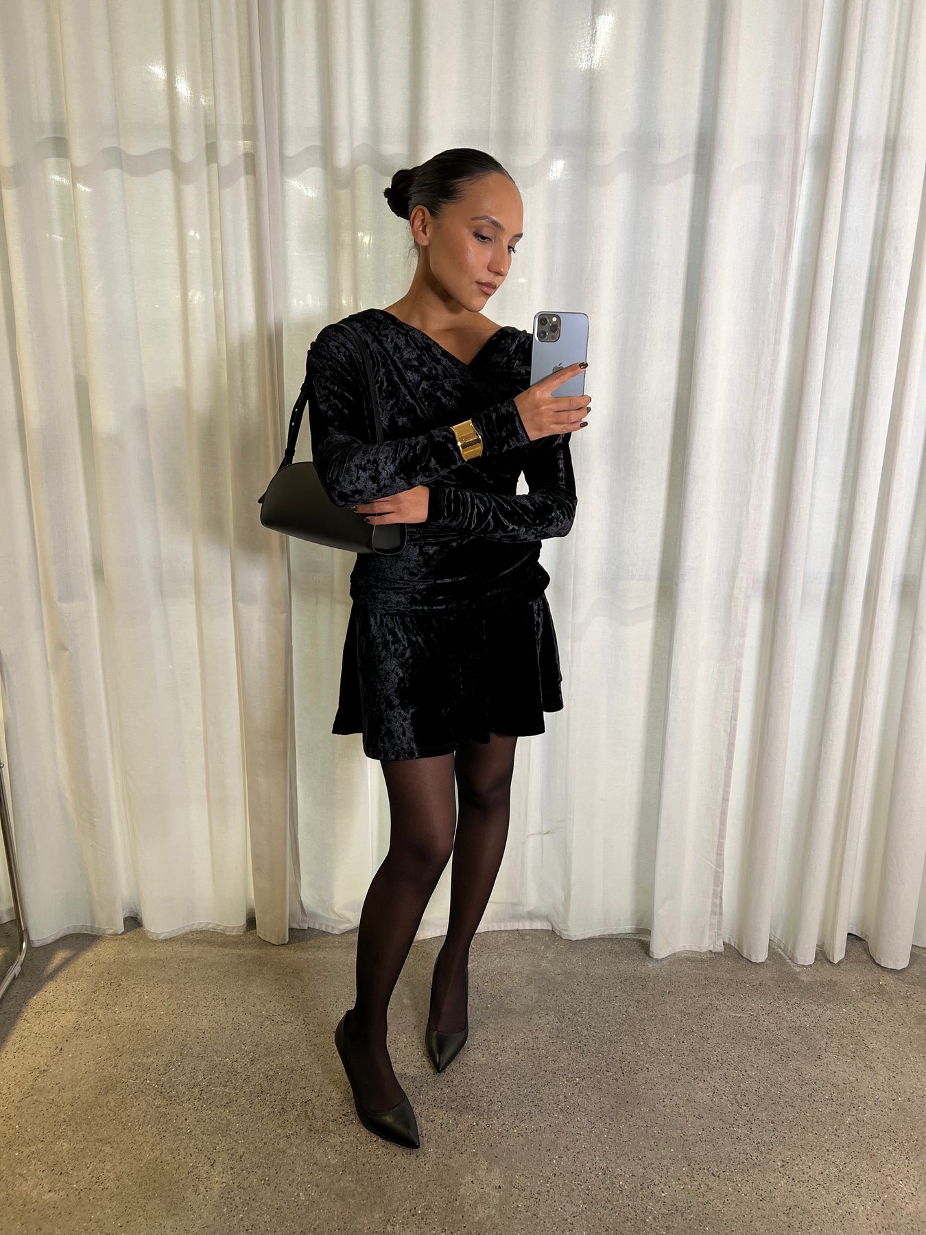 Velour Jersey Crossover Ruched Mini Dress - Black