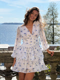 Jade Wave Chiffon Floret Dress - Vit/Blå