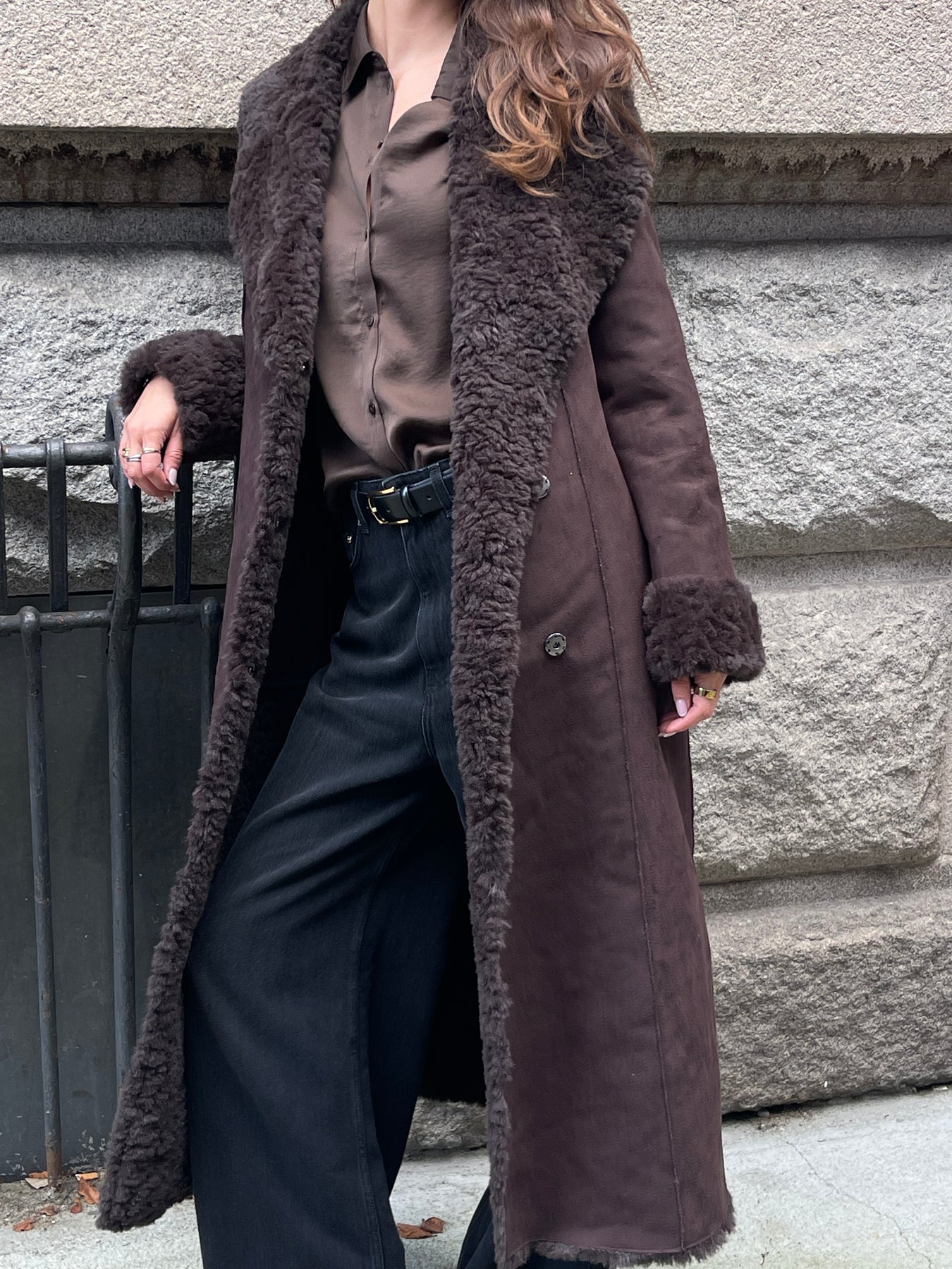 Terry Faux Shearling Coat - Dark Brown