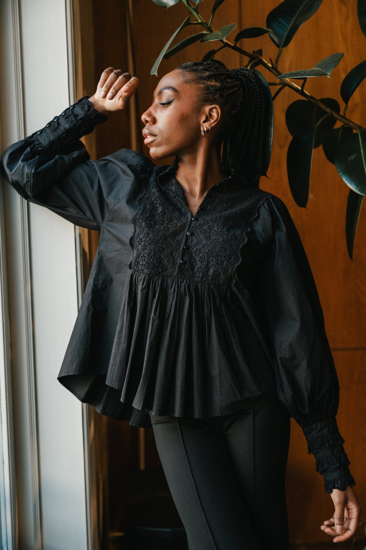 Décorated Poplin Blouse - Black