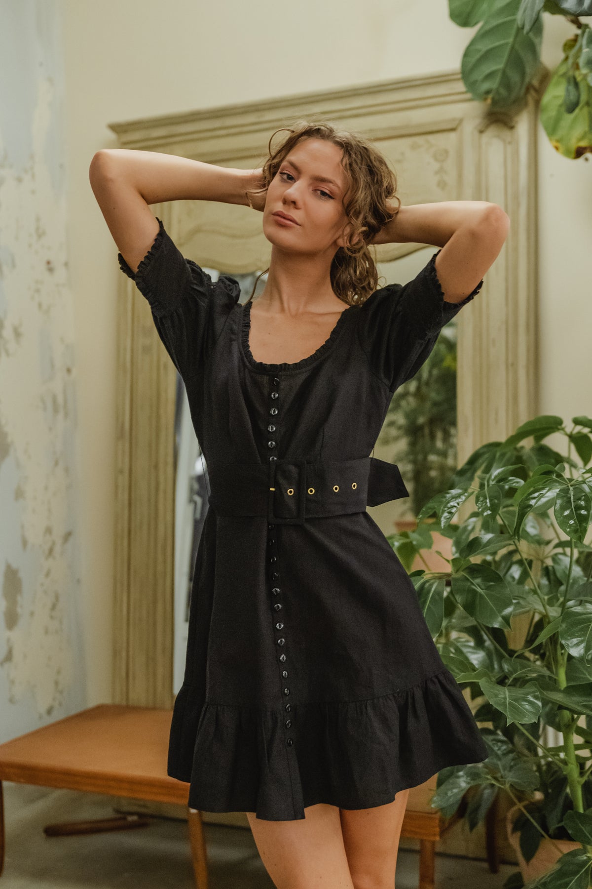 Linen Mini Dress - Black