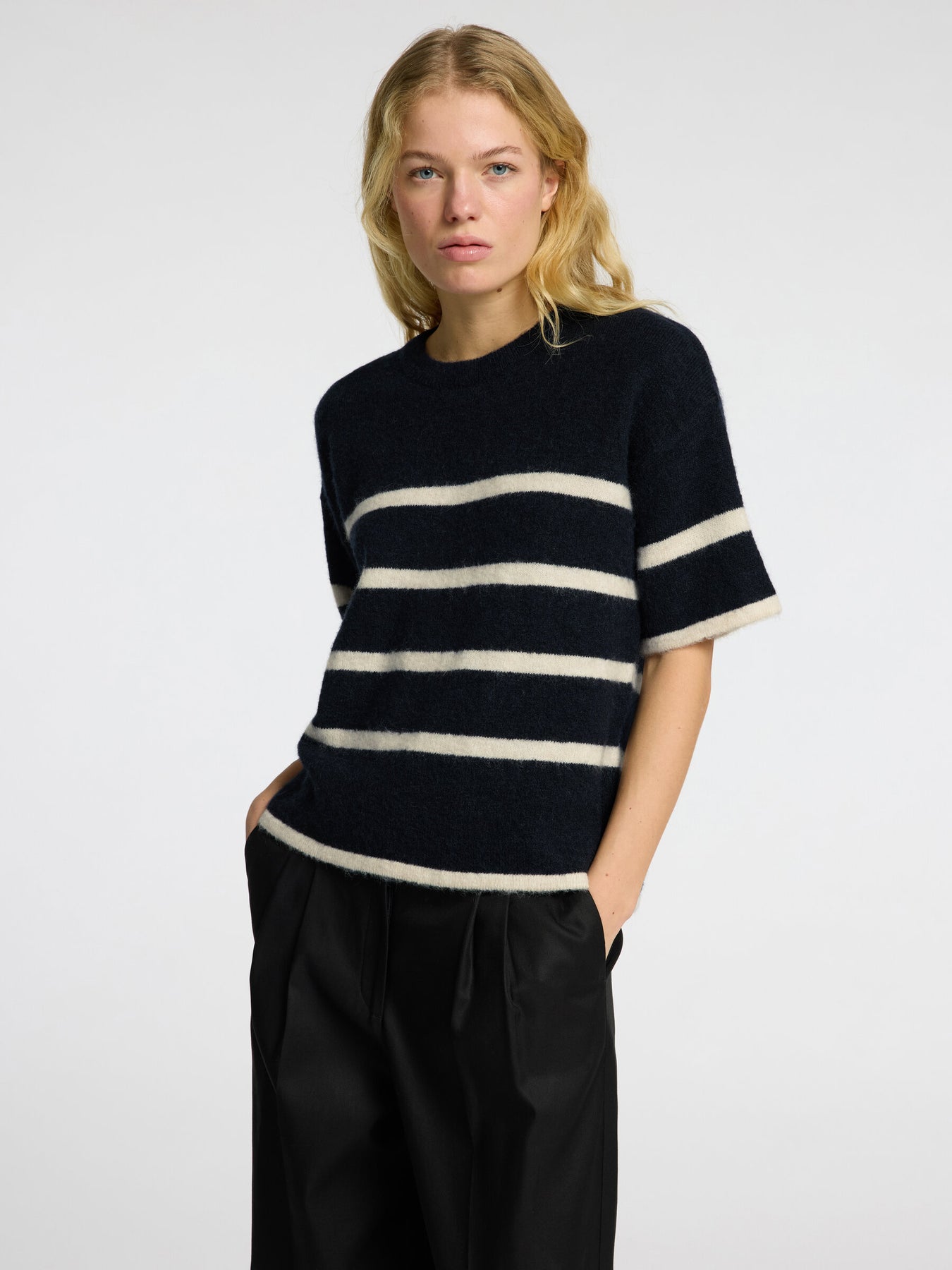 Selected Femme Maline-Liliana 2/4 Knit O-Neck - Dark Sapphire Birch