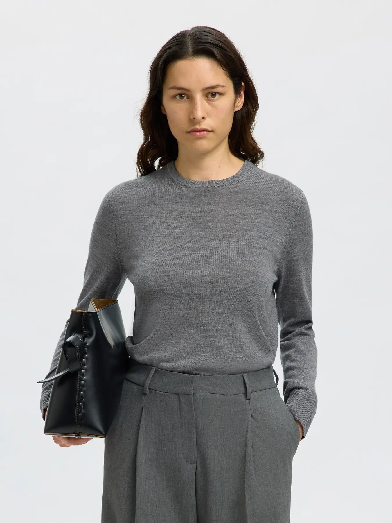 Selected Femme Thea Ls Knit Merino O-Neck - Medium Grey Melange