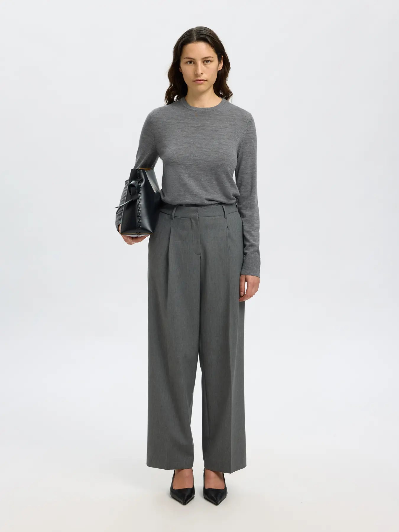 Selected Femme Thea Ls Knit Merino O-Neck - Medium Grey Melange