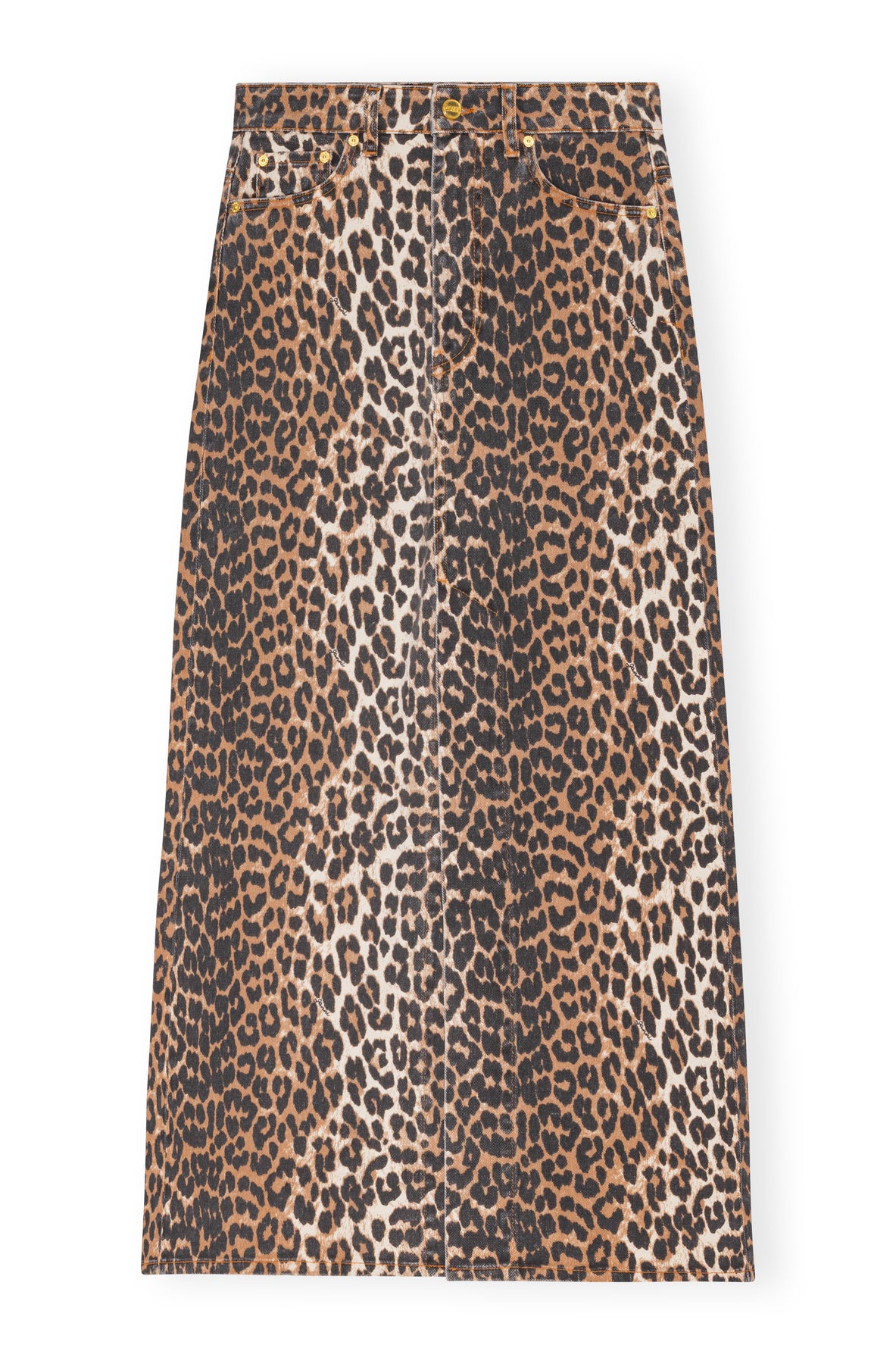 Ganni Print Denim Maxi Slit Skirt - Leopard