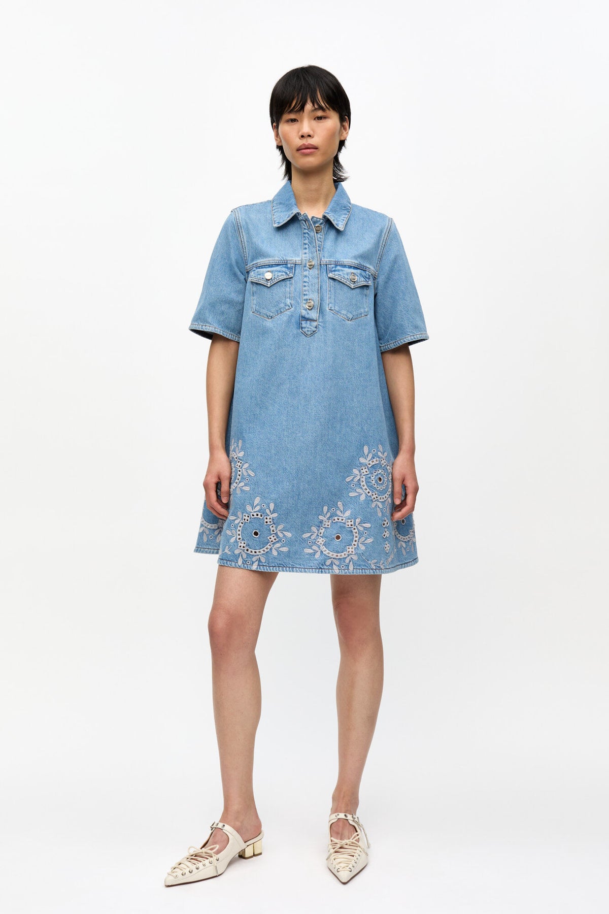 Broderie Anglaise Denimminiklänning - Light Blue Stone