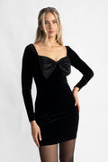 Bow-Down Velvet Mini Dress - Svart
