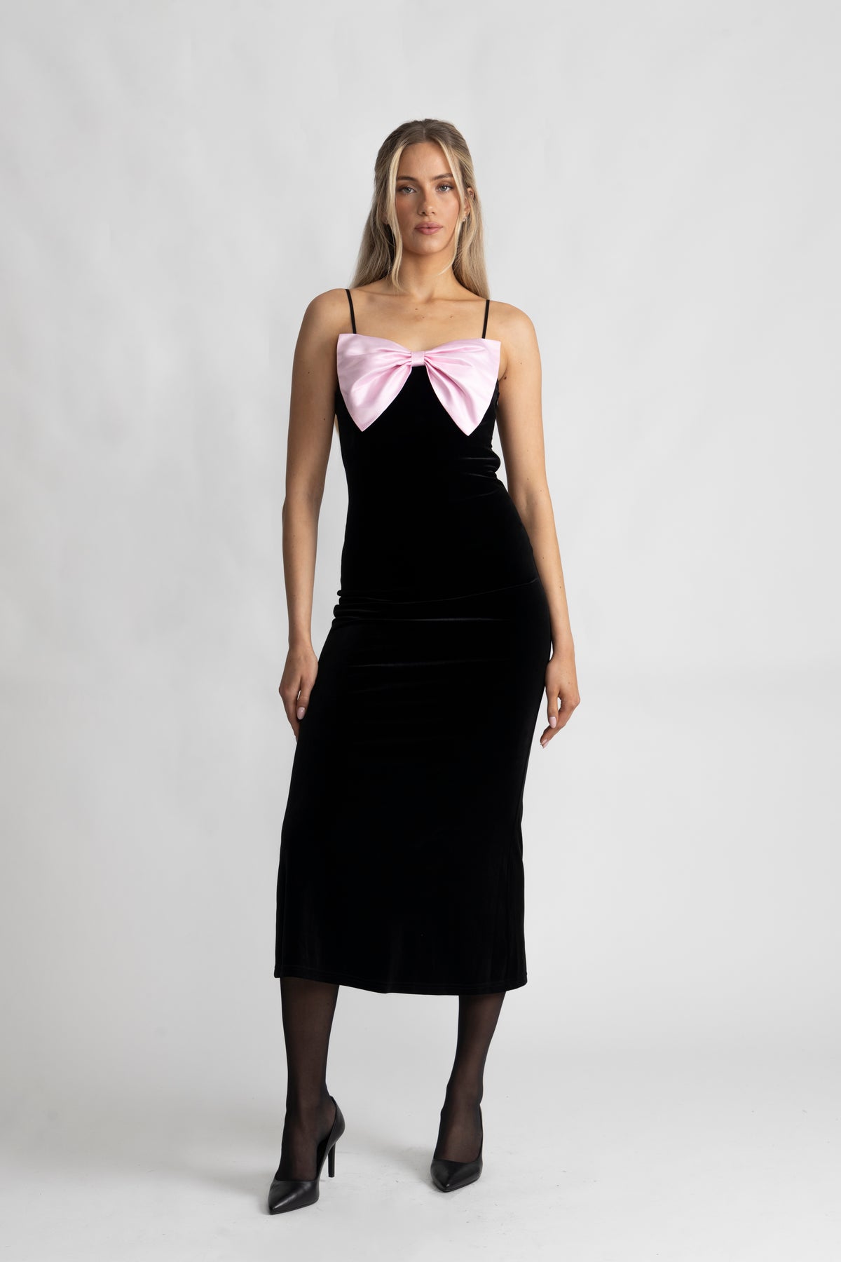 Bow-Down Velvet Slip Dress - Black