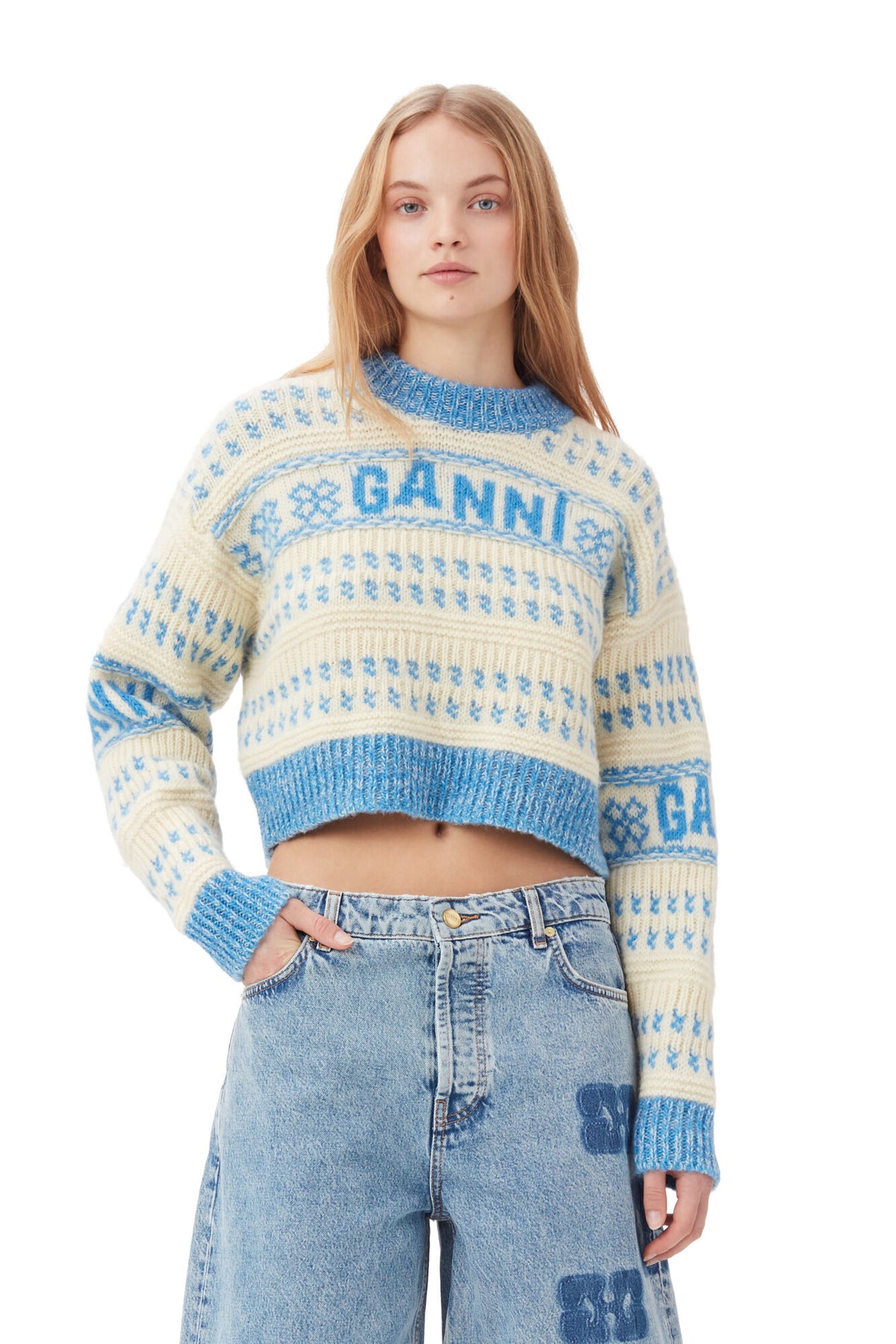 Graphic Lambswool Cropped O-Neck - Strong Blue