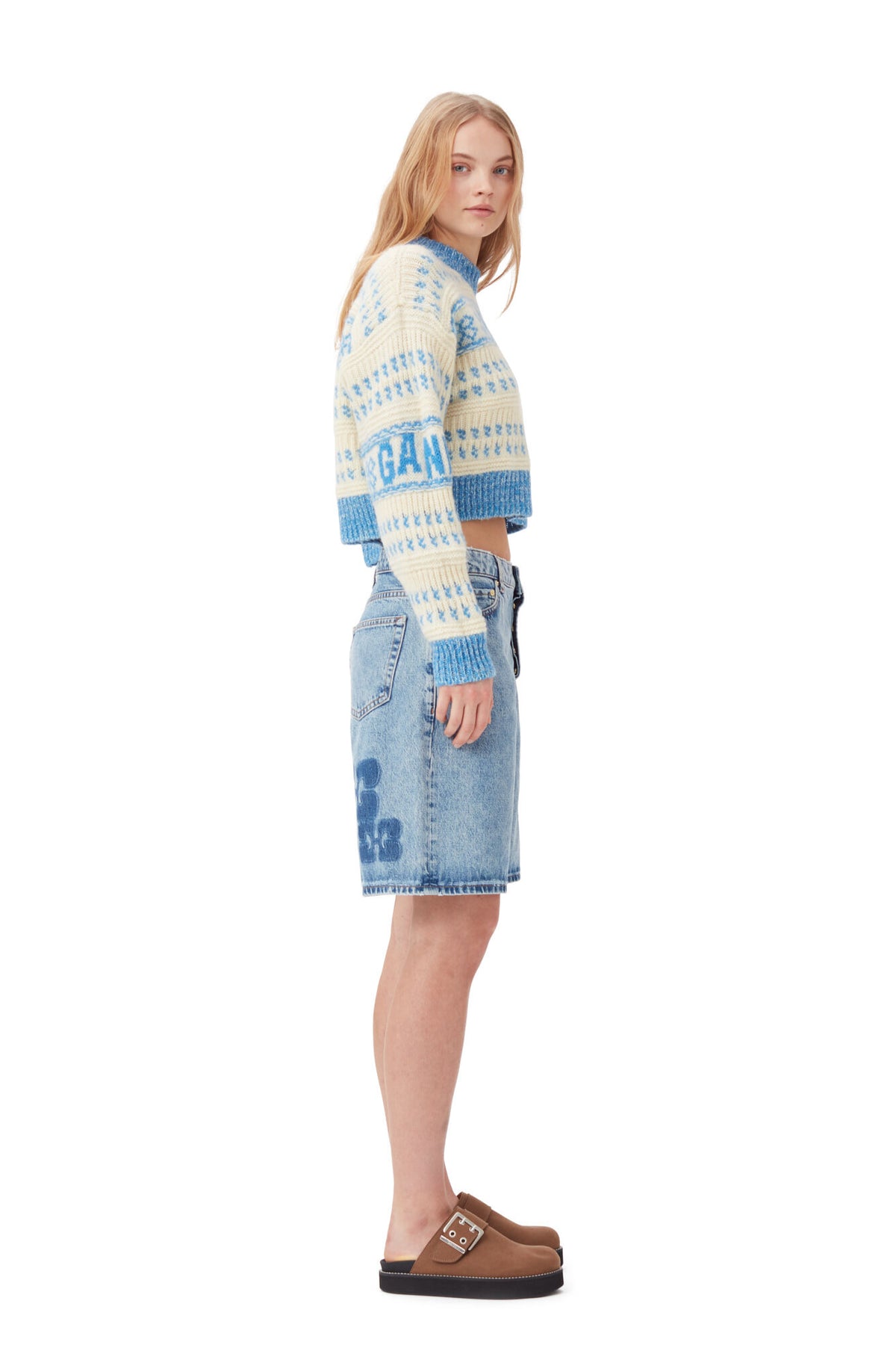 Graphic Lambswool Cropped O-Neck - Strong Blue