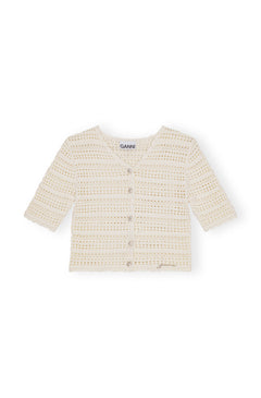 Cotton Pointelle Short Sleeve Cardigan - Egret