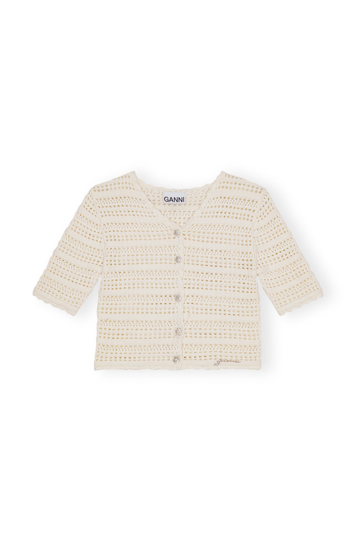 Cotton Pointelle Short Sleeve Cardigan - Egret