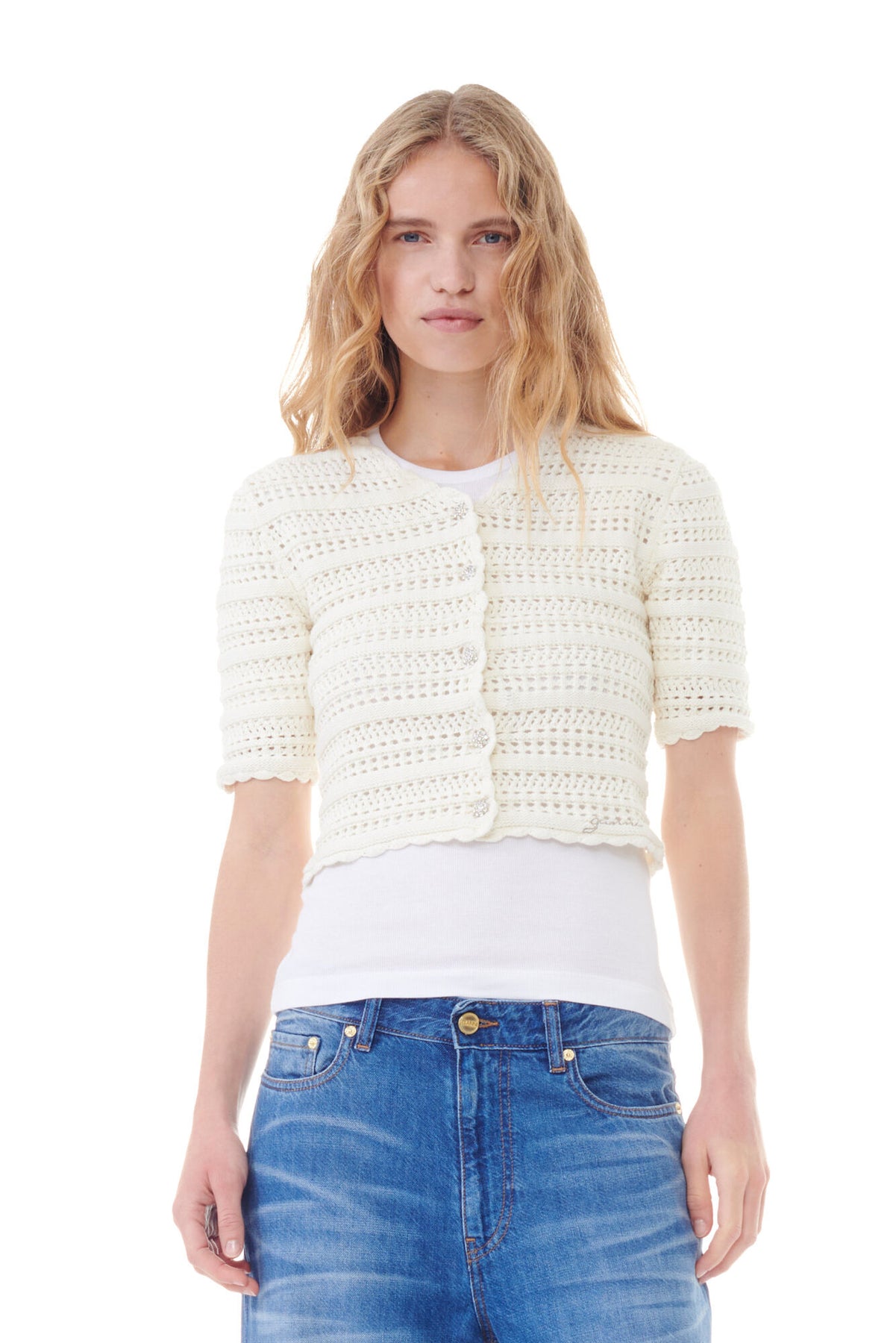 Cotton Pointelle Short Sleeve Cardigan - Egret