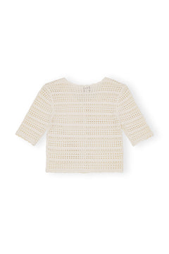 Cotton Pointelle Short Sleeve Cardigan - Egret