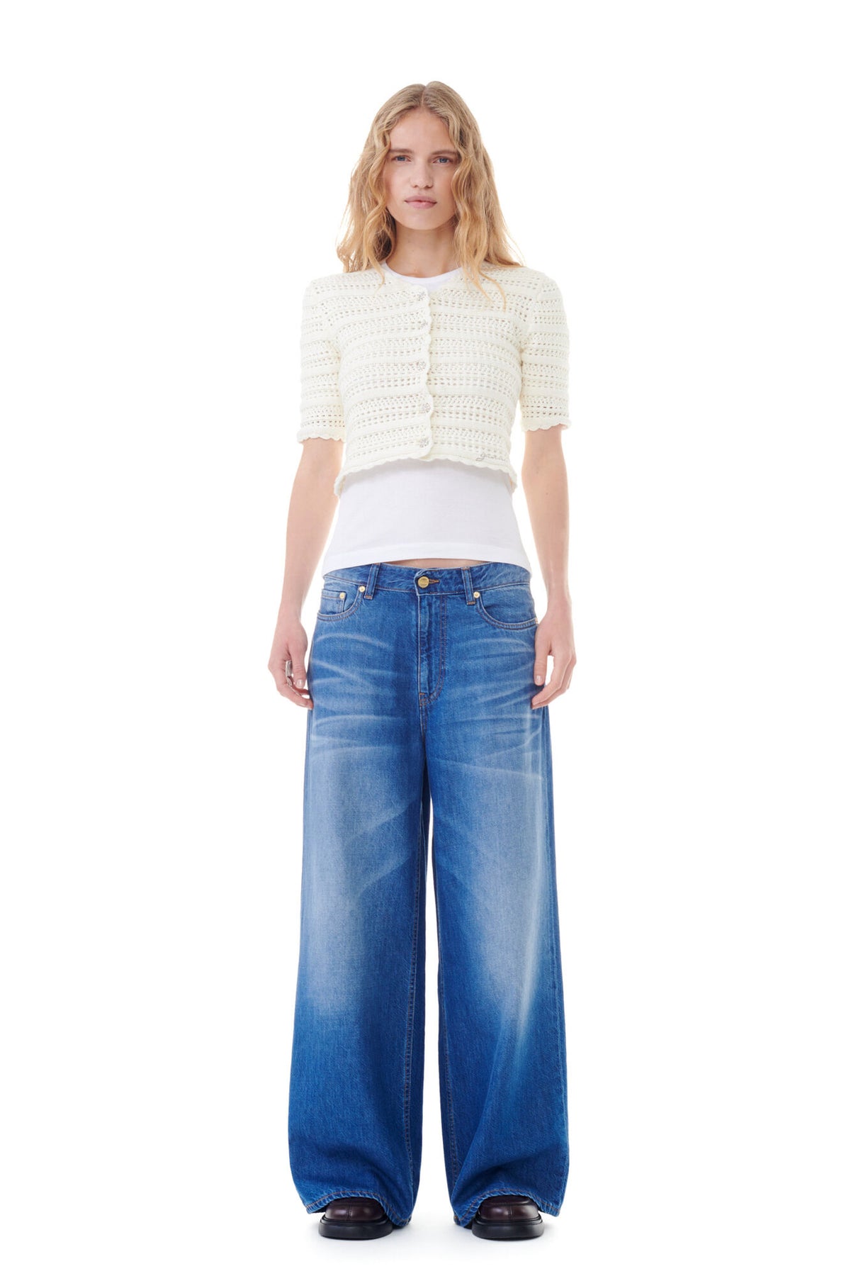 Cotton Pointelle Short Sleeve Cardigan - Egret