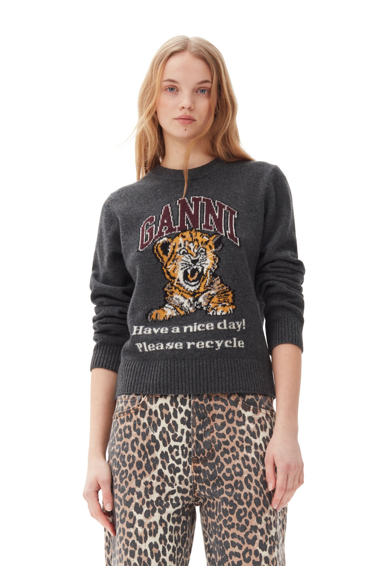 Graphic Wool Mix Tiger Crewneck - Gray Quill