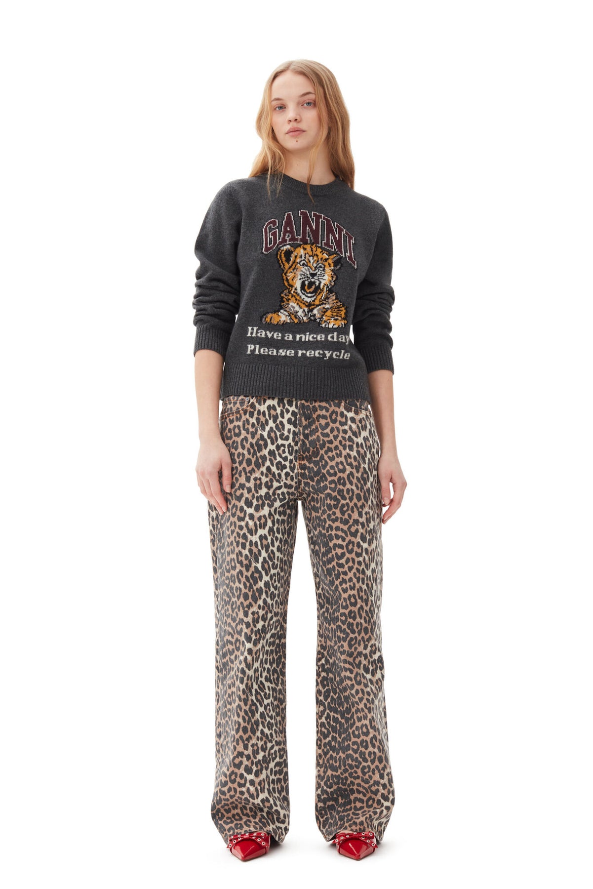 Graphic Wool Mix Tiger Crewneck - Gray Quill