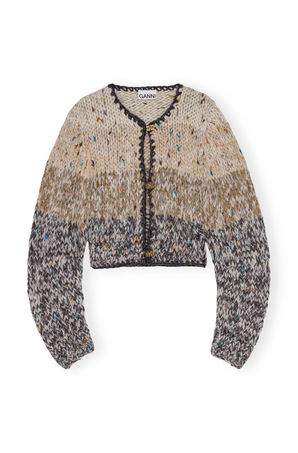 Striped Chunky Marled Handknit Crop Cardigan - Paloma Melange