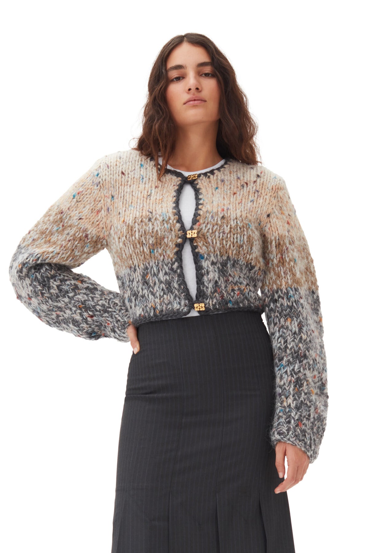 Striped Chunky Marled Handknit Crop Cardigan - Paloma Melange