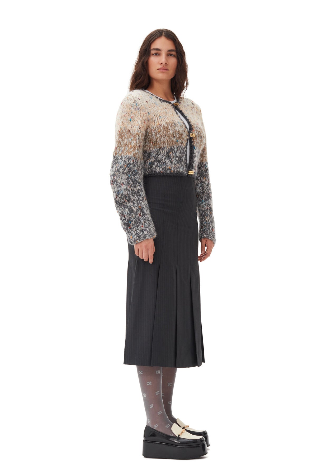 Striped Chunky Marled Handknit Crop Cardigan - Paloma Melange