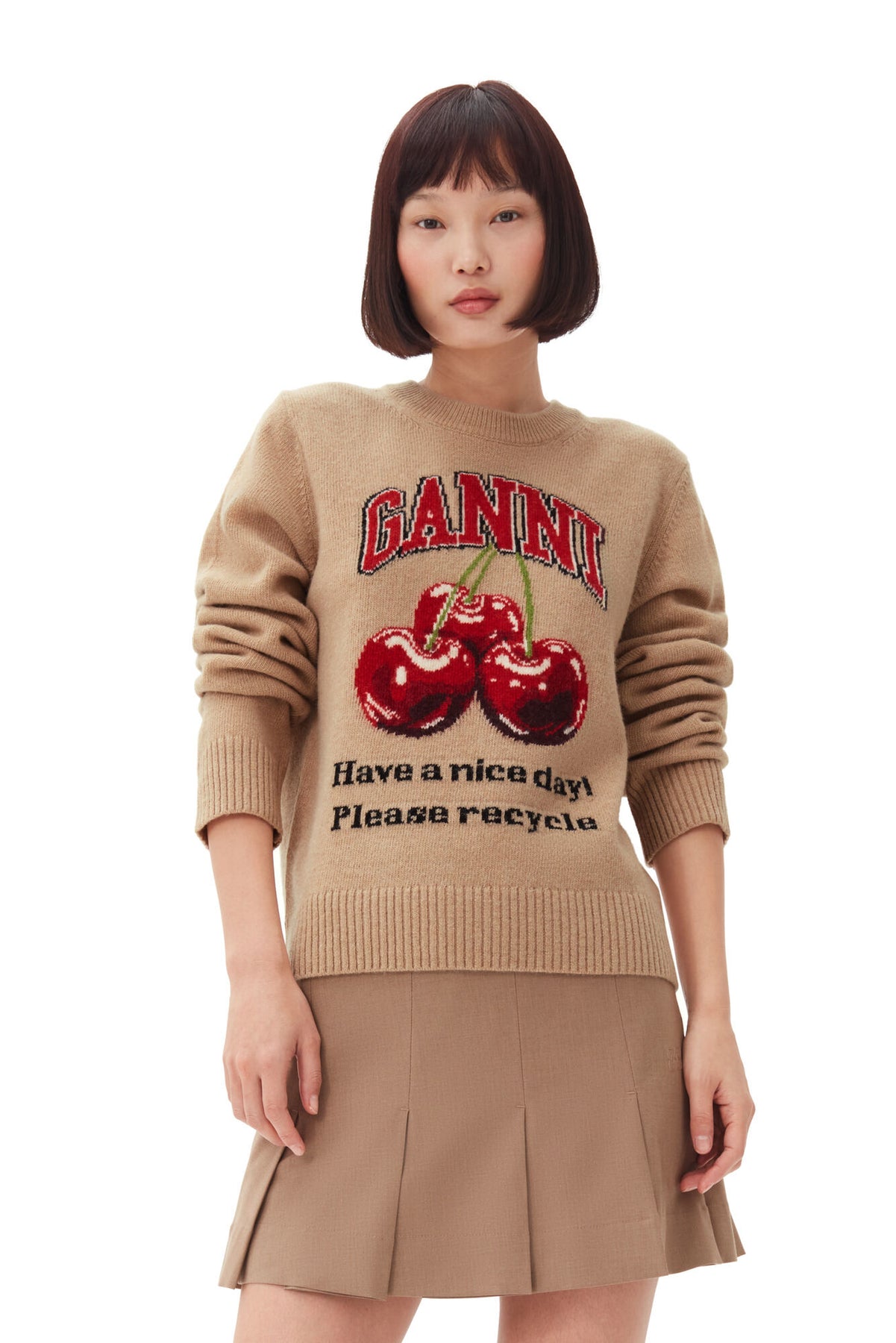 Graphic Wool Mix Cherry Crewneck - Safari