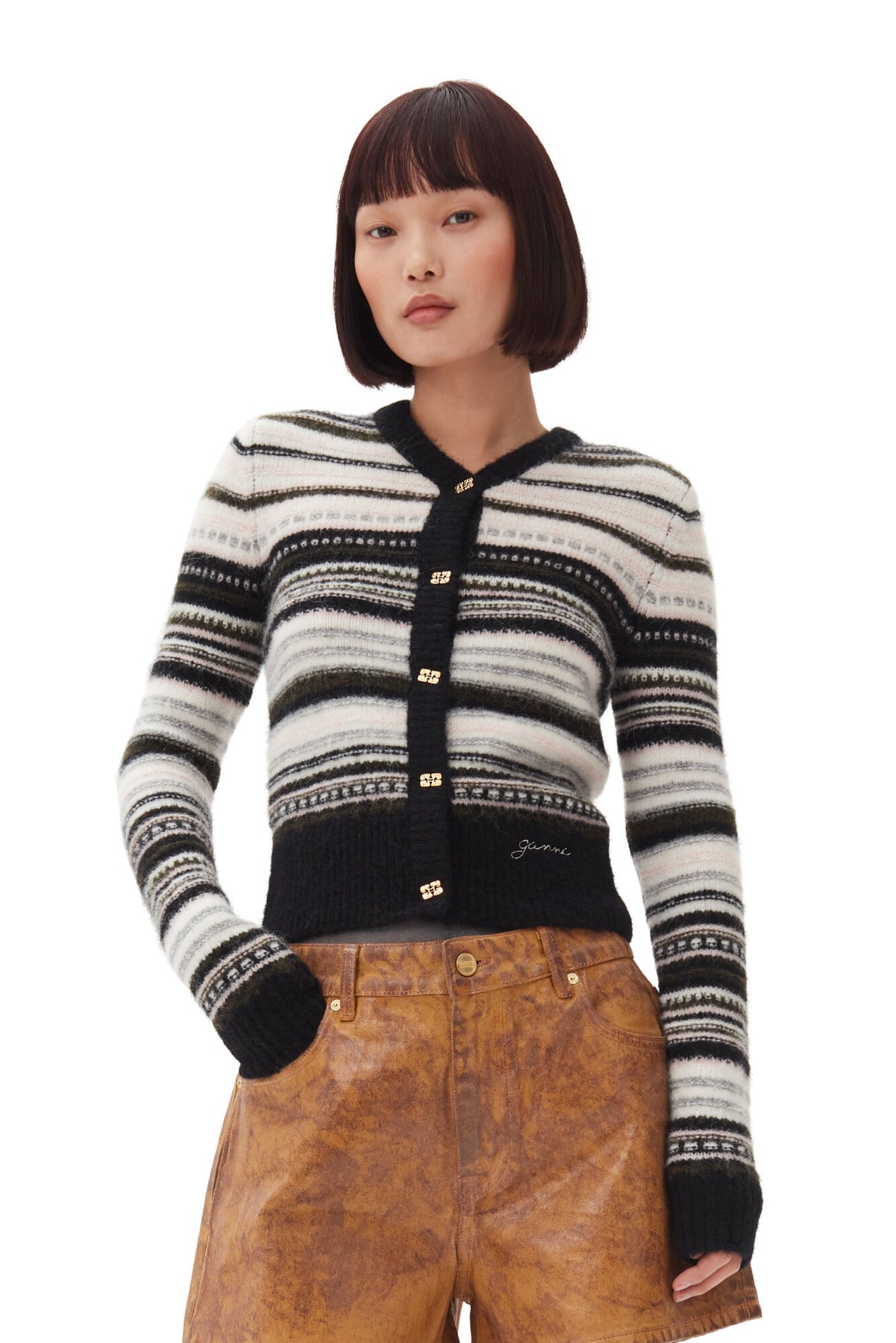 Soft Wool Stripe Cardigan - Black