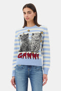 Striped Graphic Wool Mix Cats Crewneck - Illusion Blue