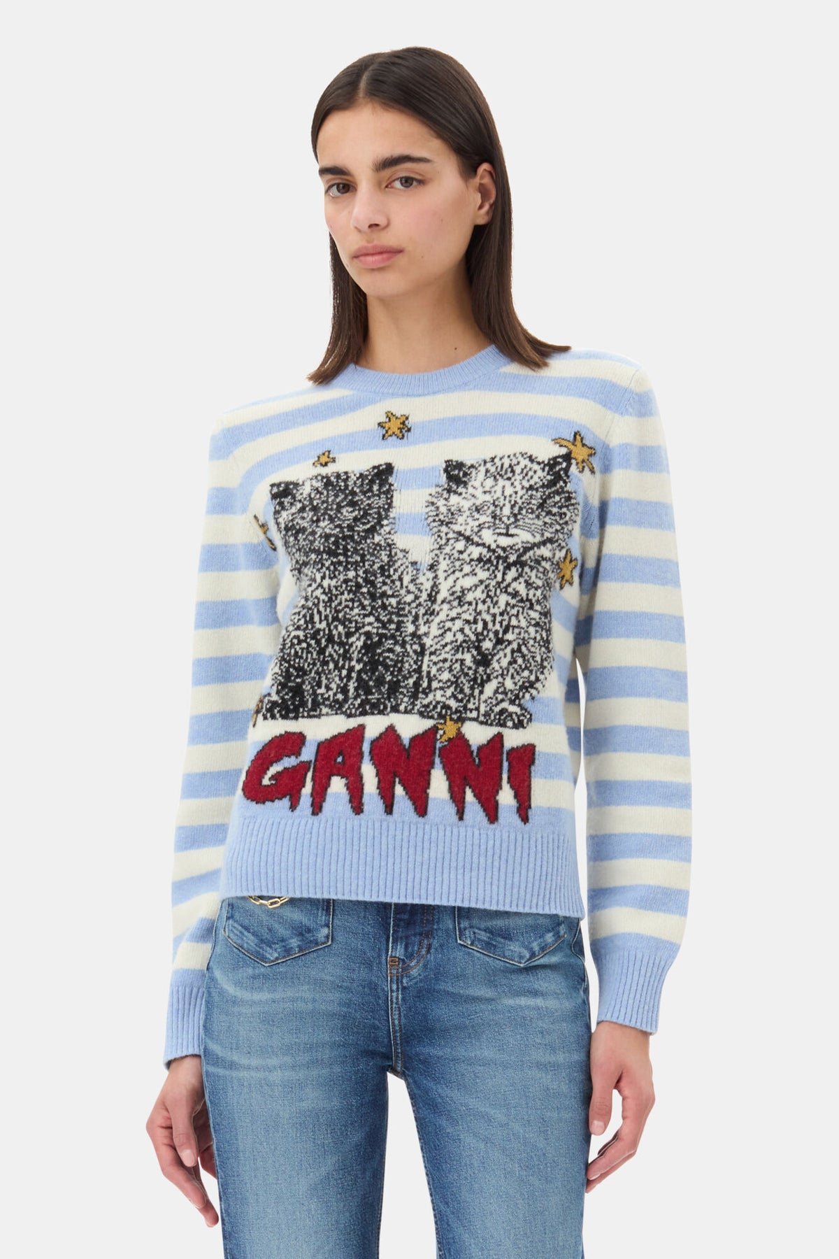 Striped Graphic Wool Mix Cats Crewneck - Illusion Blue
