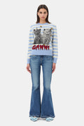 Striped Graphic Wool Mix Cats Crewneck - Illusion Blue