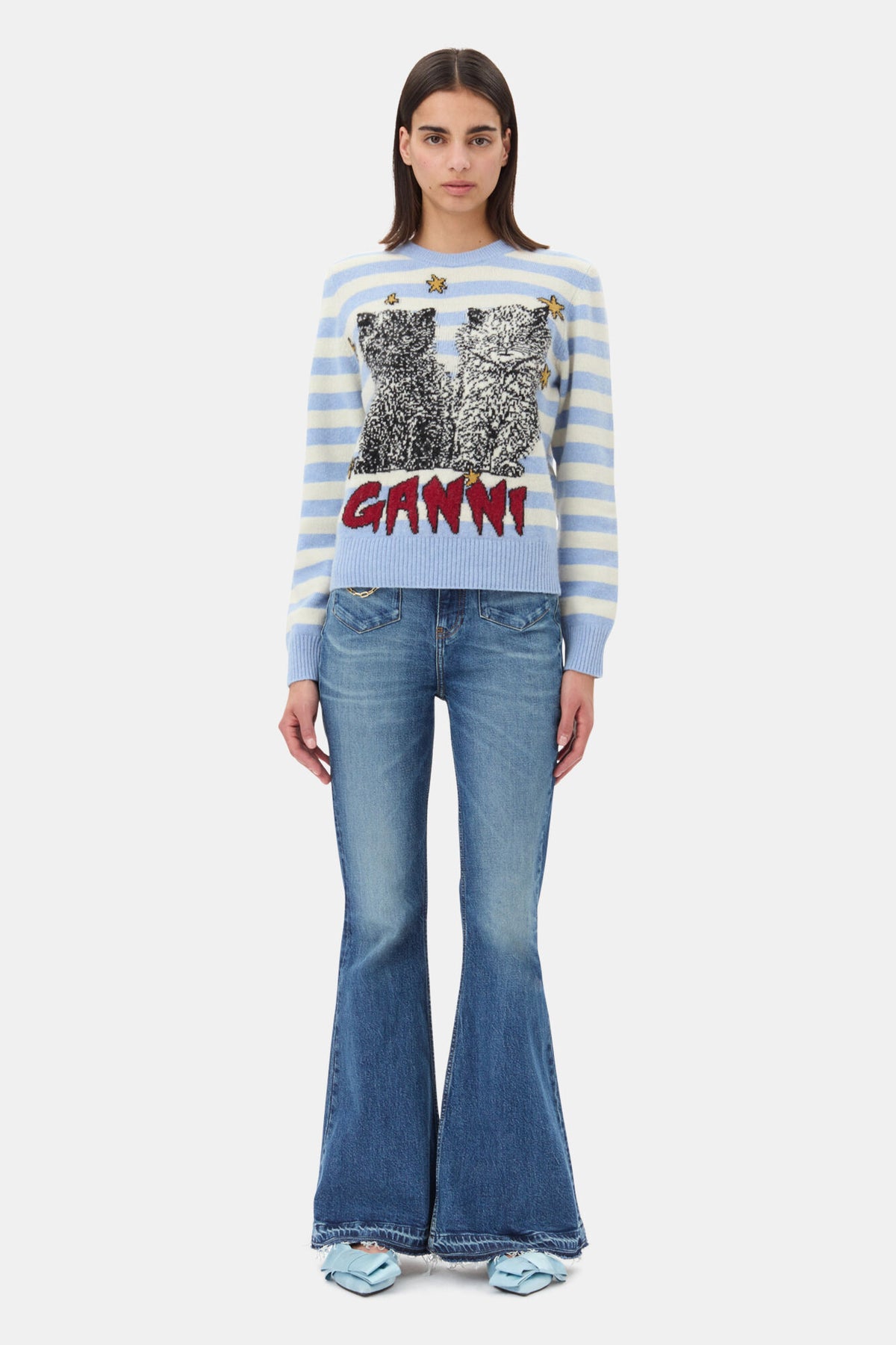 Striped Graphic Wool Mix Cats Crewneck - Illusion Blue