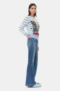 Striped Graphic Wool Mix Cats Crewneck - Illusion Blue