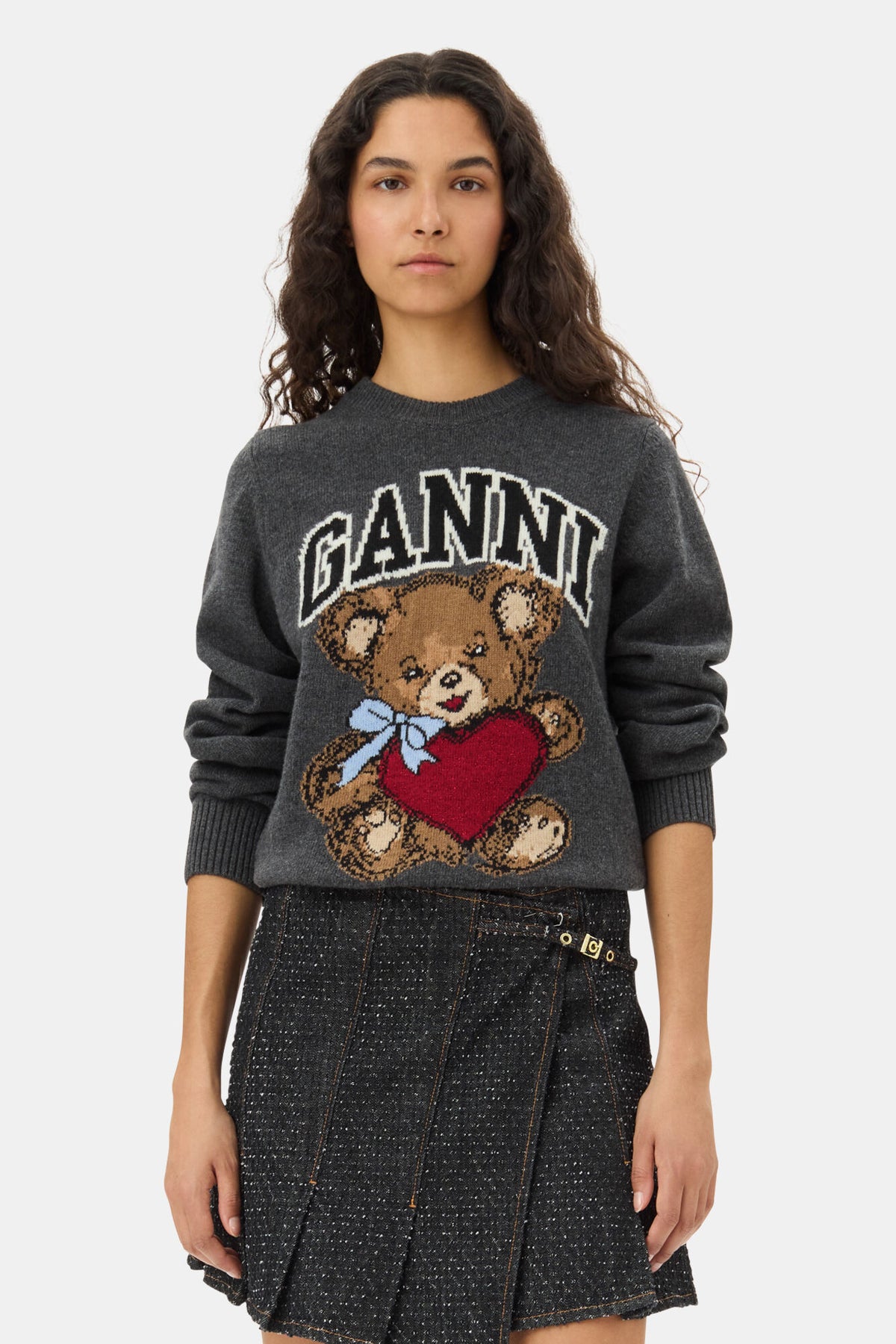 Graphic Wool Mix Bear Crewneck - Grå Quill