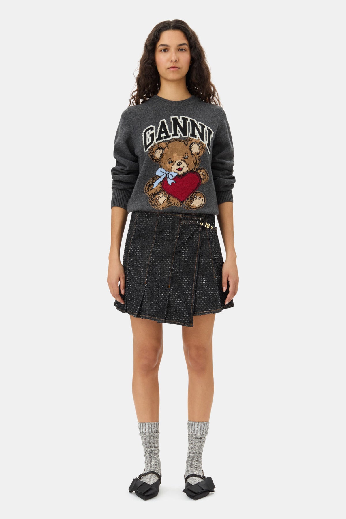 Graphic Wool Mix Bear Crewneck - Grå Quill
