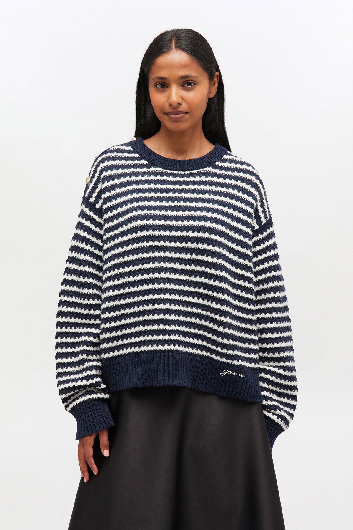 GANNI Cotton Wool Stripe Sweater - Sky Captain