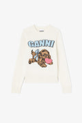 GANNI Graphic Wool Mix Fluffy Puppy Love Crewneck - Egret