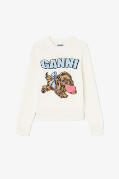Graphic Wool Mix Fluffy Puppy Love Crewneck - Egret