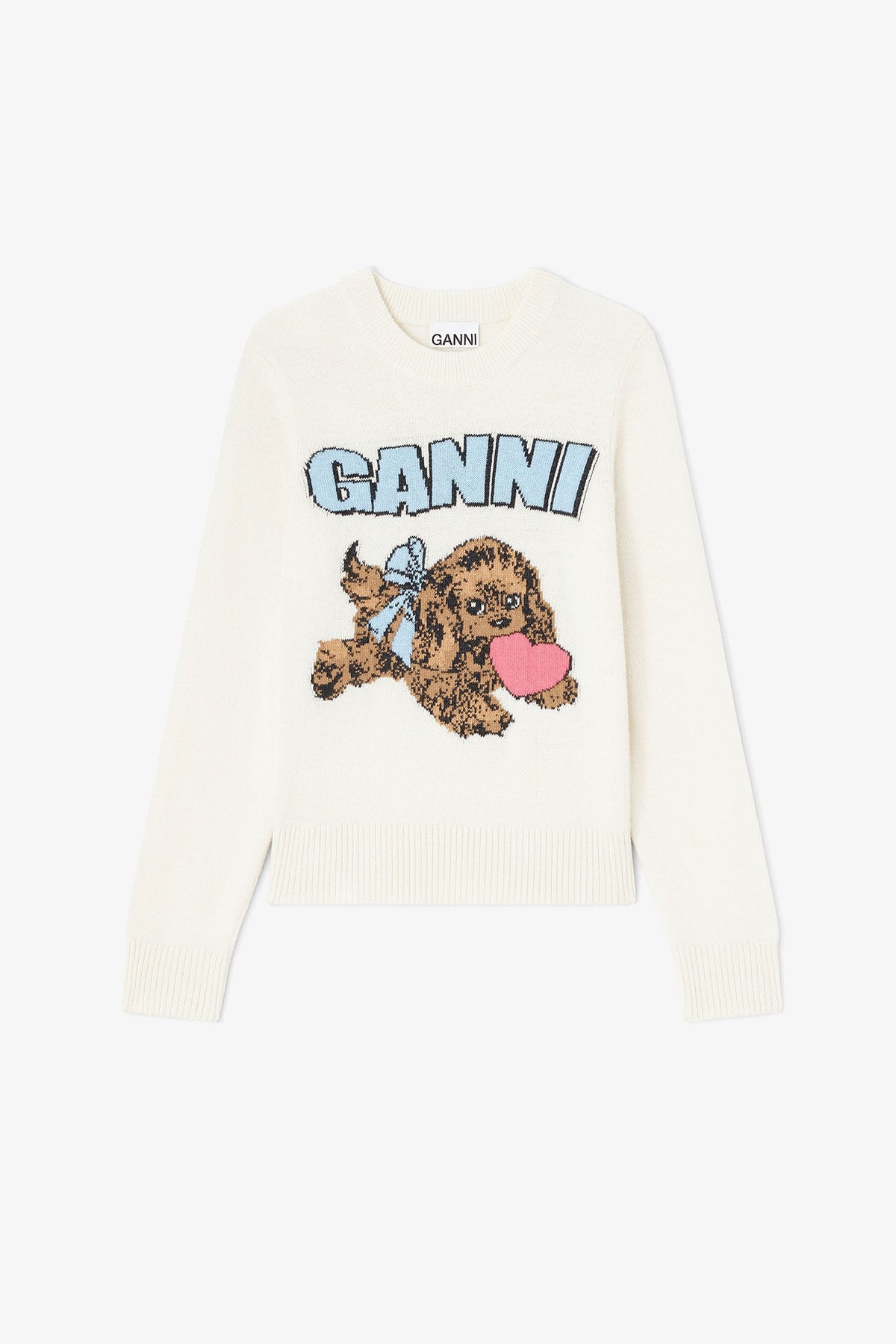 GANNI Graphic Wool Mix Fluffy Puppy Love Crewneck - Egret