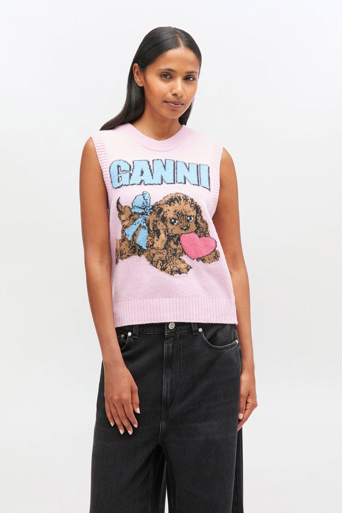Ganni Graphic Wool Mix Pink Puppy Love Vest - Chalk Pink