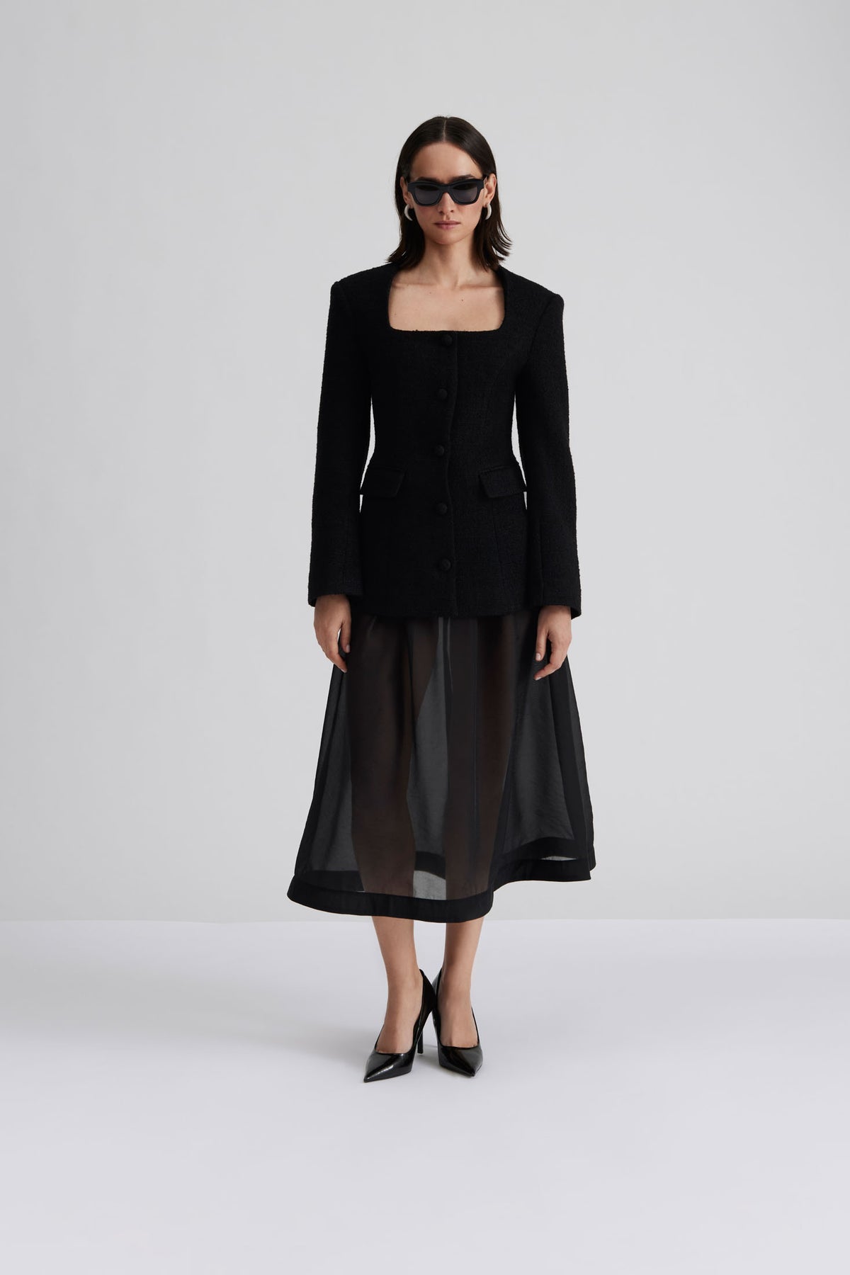 Kinsley Boucle Square Neck Fitted Blazer - Black