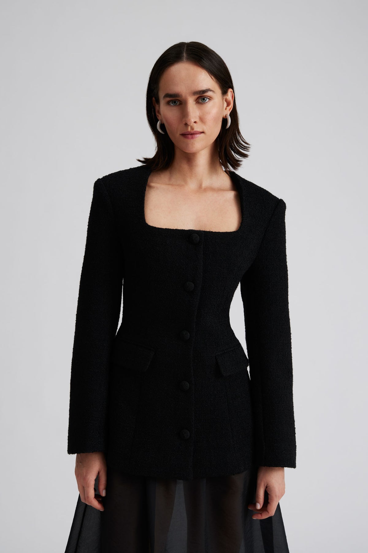 Kinsley Boucle Square Neck Fitted Blazer - Black