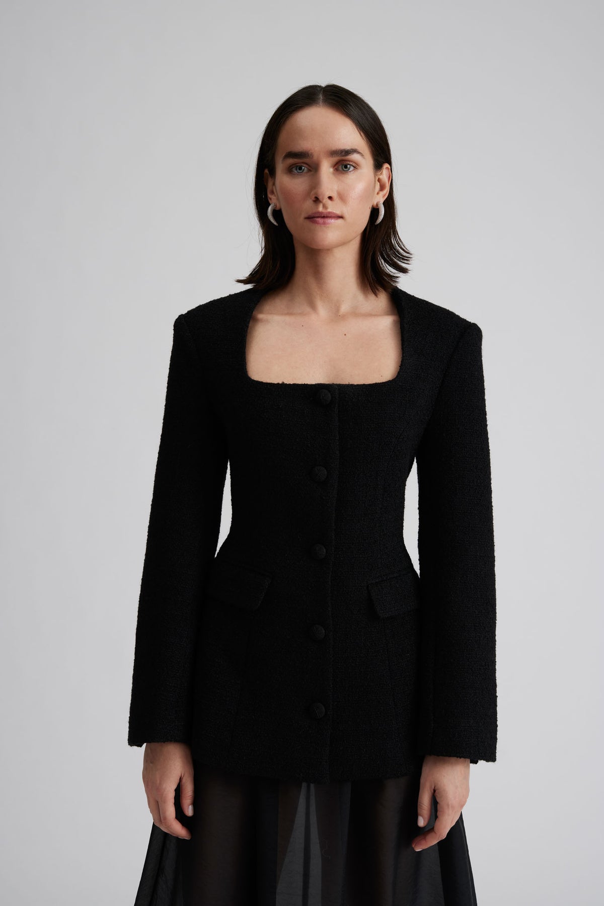 Kinsley Boucle Square Neck Fitted Blazer - Black