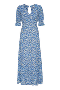 Koko Dress Long Open Back Short Sleeves - Sky Blue Flower
