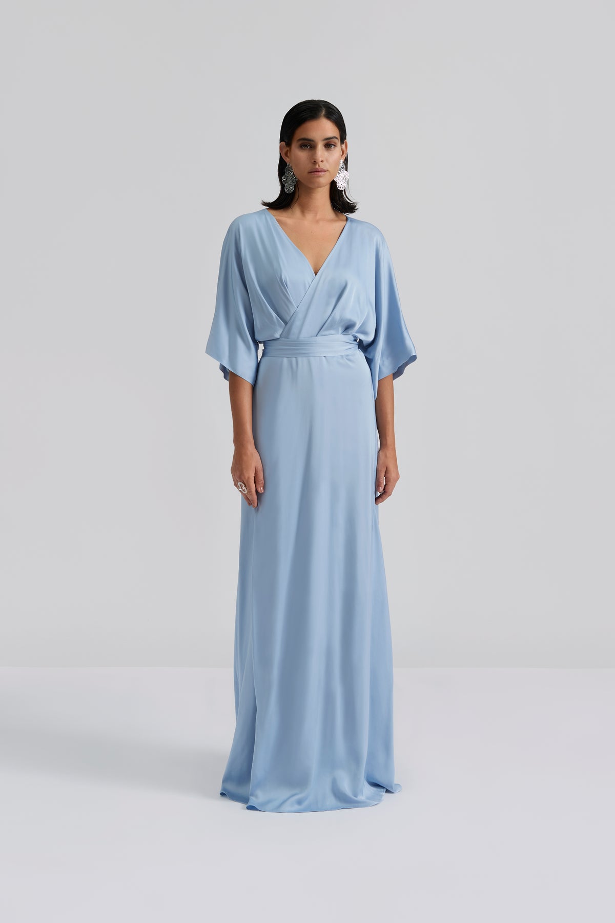 Lilly Wrap Satin Maxi Dress - Dusty Blue