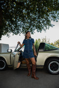 Denim Crystal Trim Collared Mini Dress - Blue