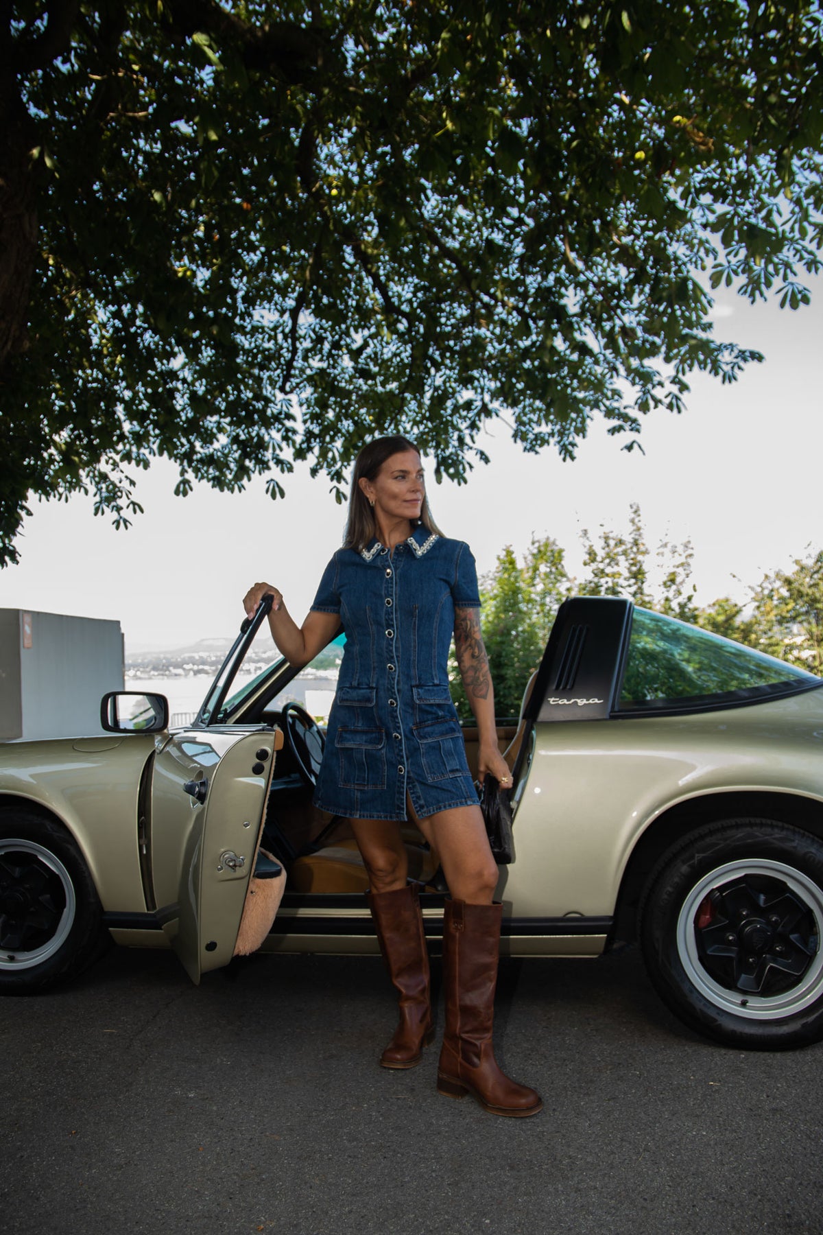Denim Crystal Trim Collared Mini Dress - Blue