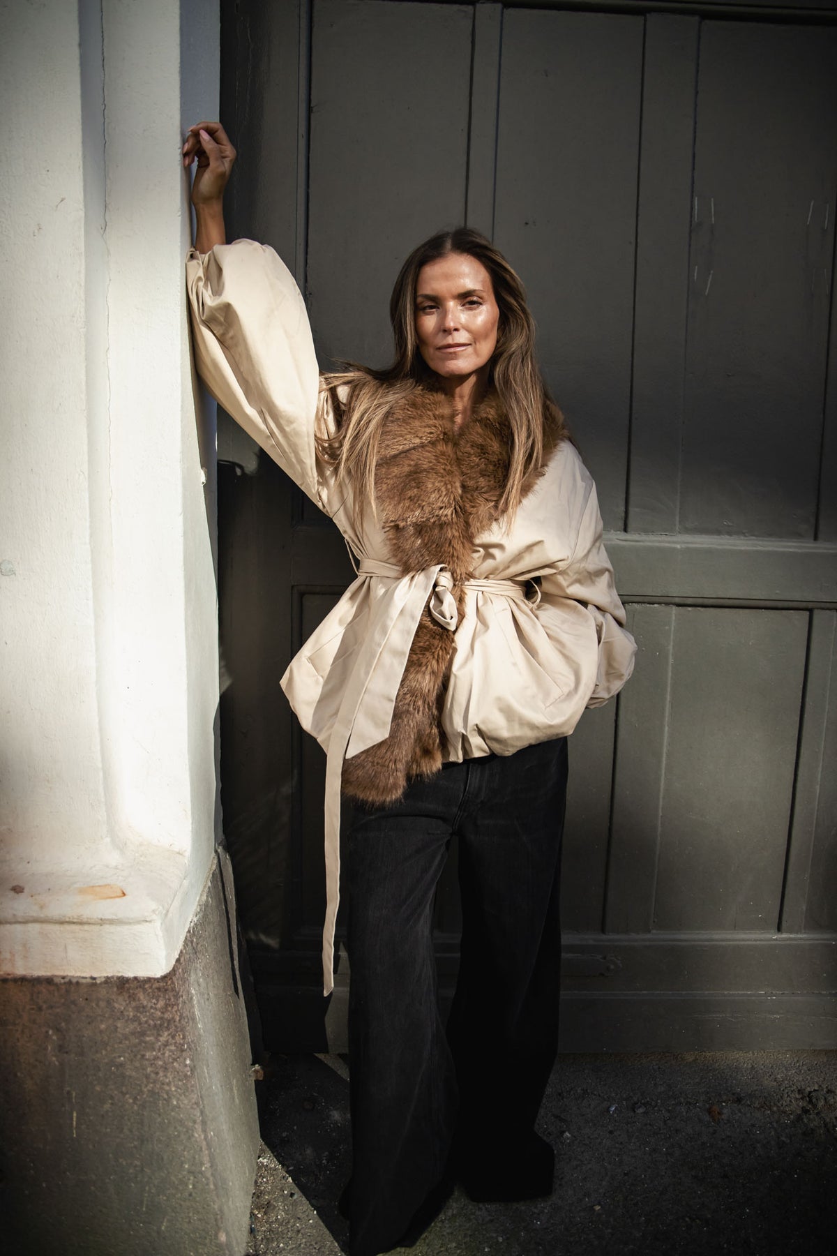 Faux Fur Collar Jacket - Cement