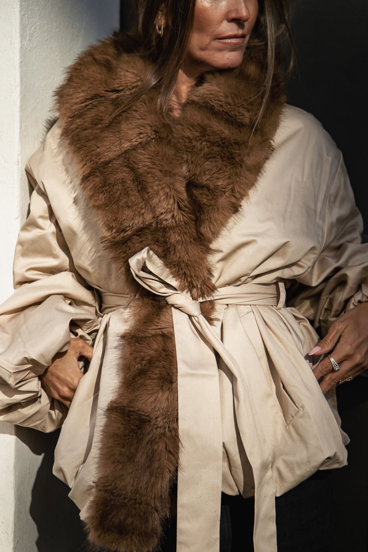 Faux Fur Collar Jacket - Cement