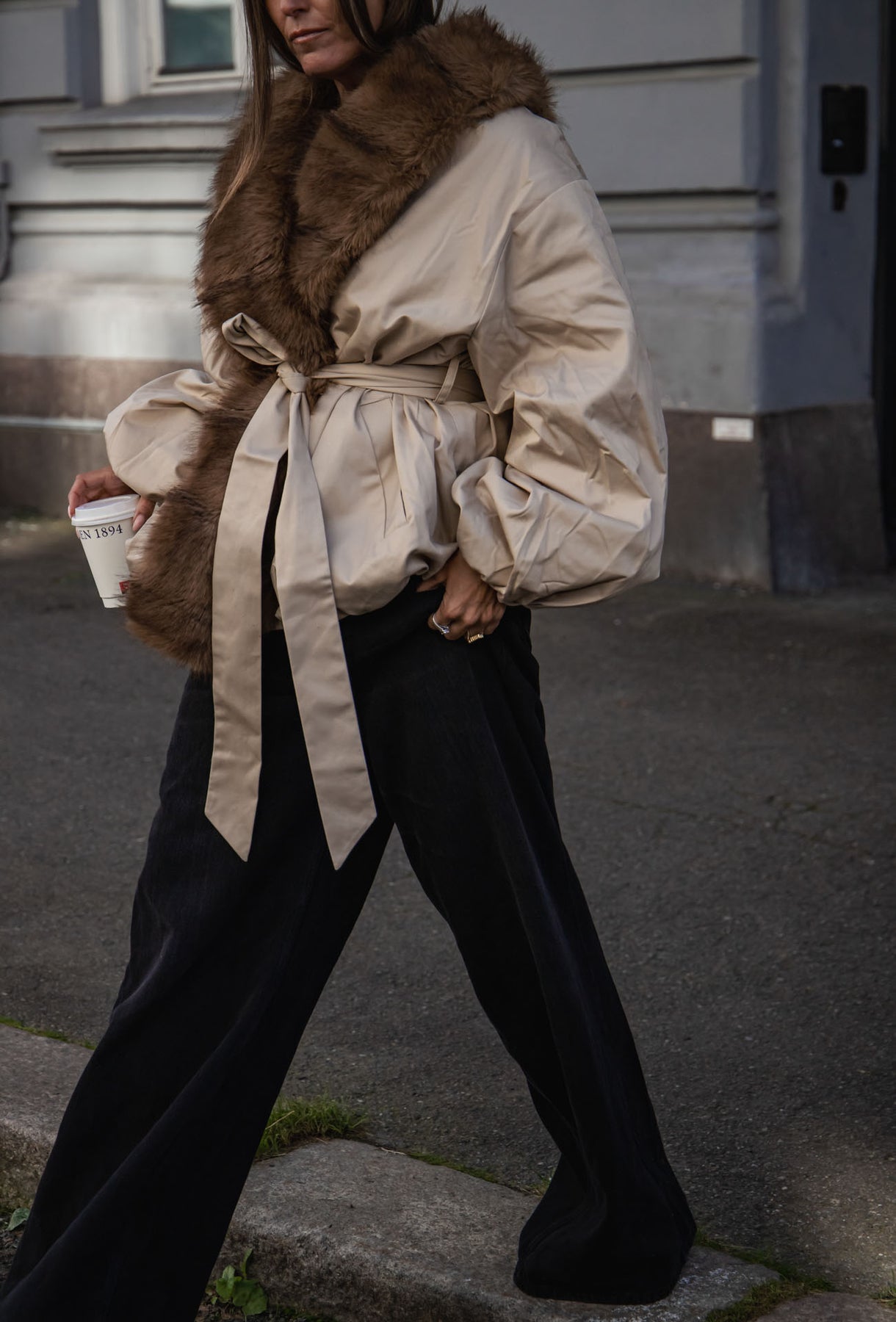 Faux Fur Collar Jacket - Cement
