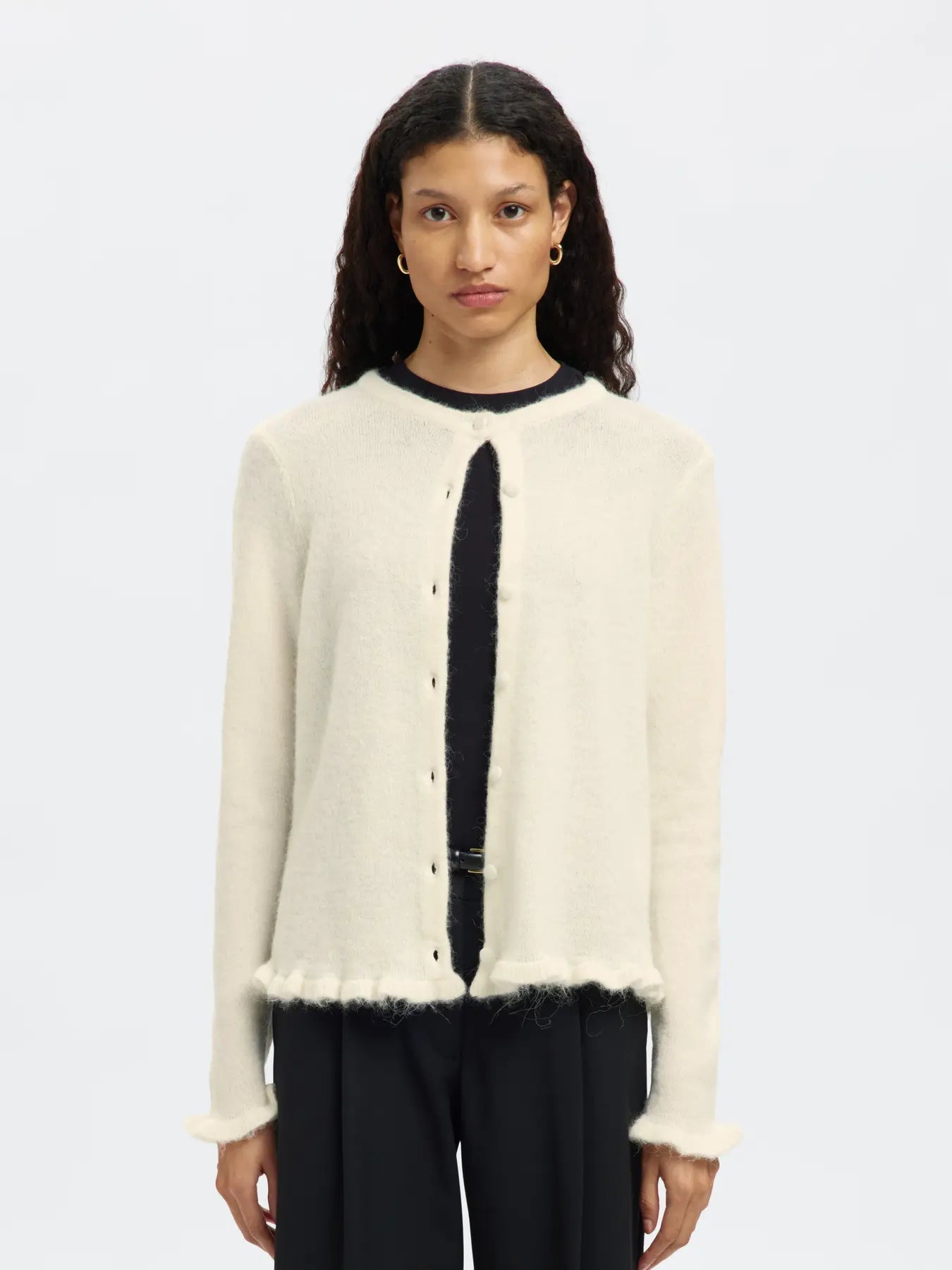Selected Femme Lulu Frill Ls Knit Cardigan - Snow White Melange