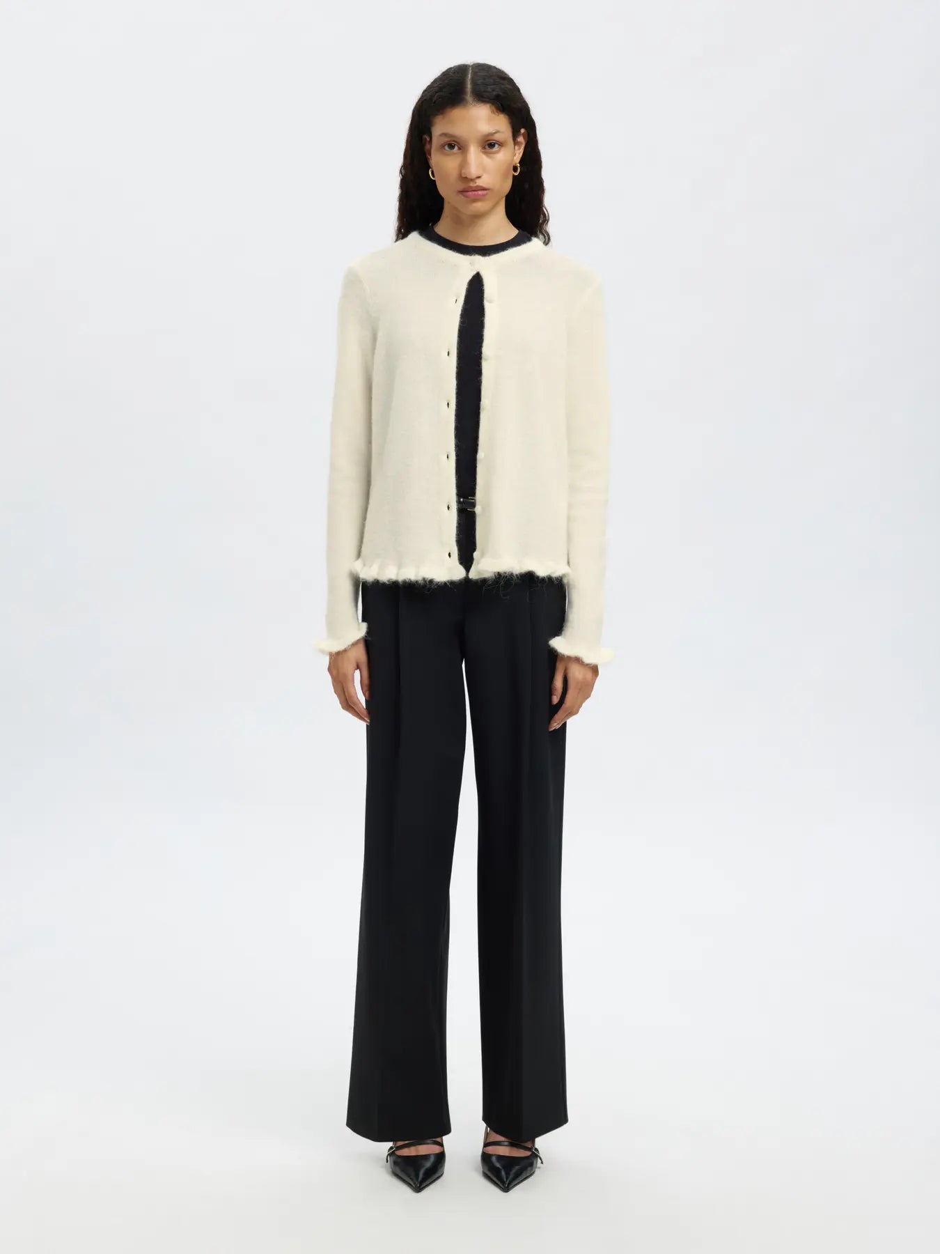 Selected Femme Lulu Frill Ls Knit Cardigan - Snow White Melange